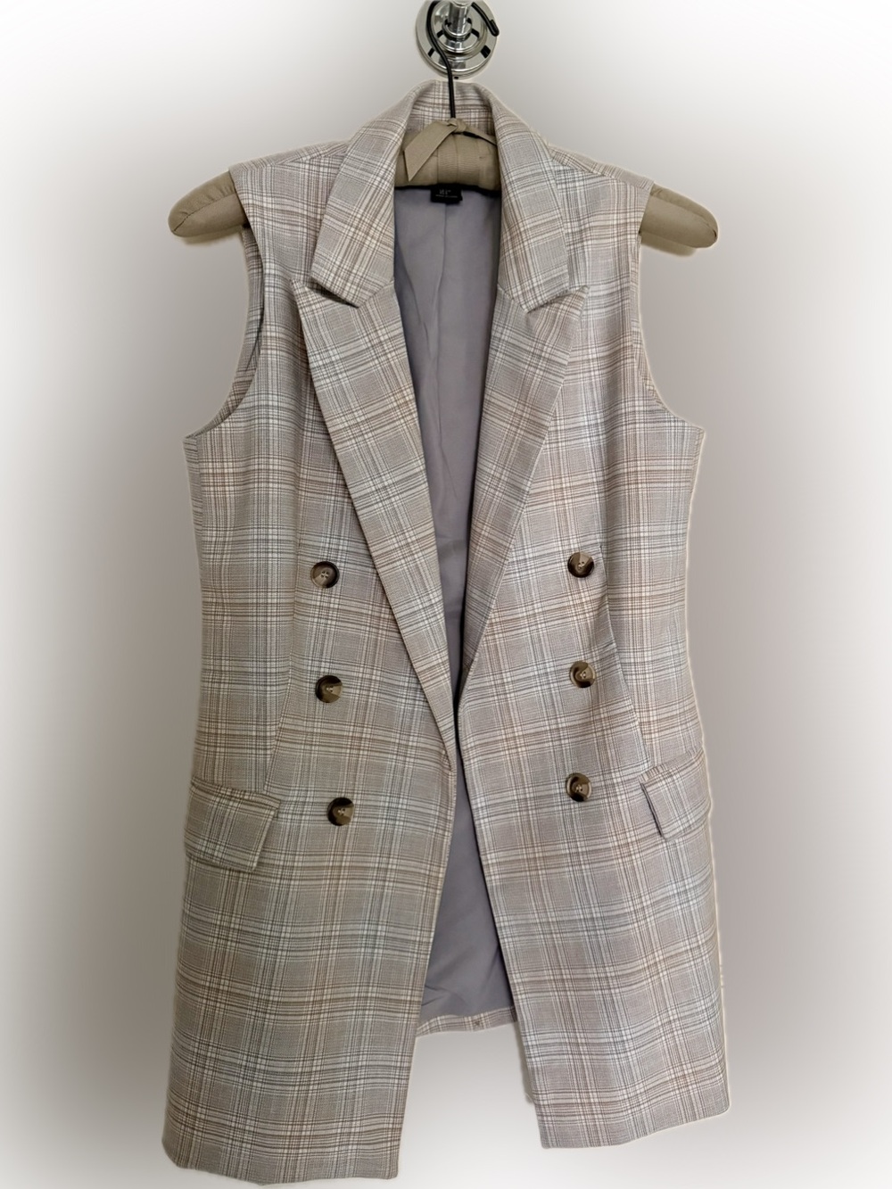 Rachel Zoe Neutral Plaid Sleeveless Long Vest - Beige & Cream